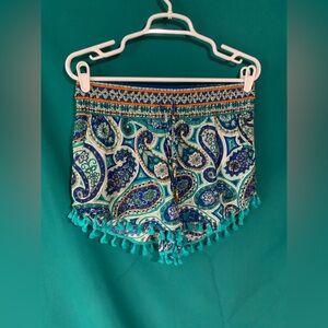 Trina Turk Blue and Green Bohemian Style Paisley Tassel Shorts